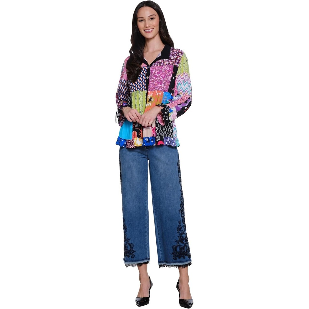 John Mark Women Button Front Patchwork Top Medium Multicolor Ruffle Peplum Artsy